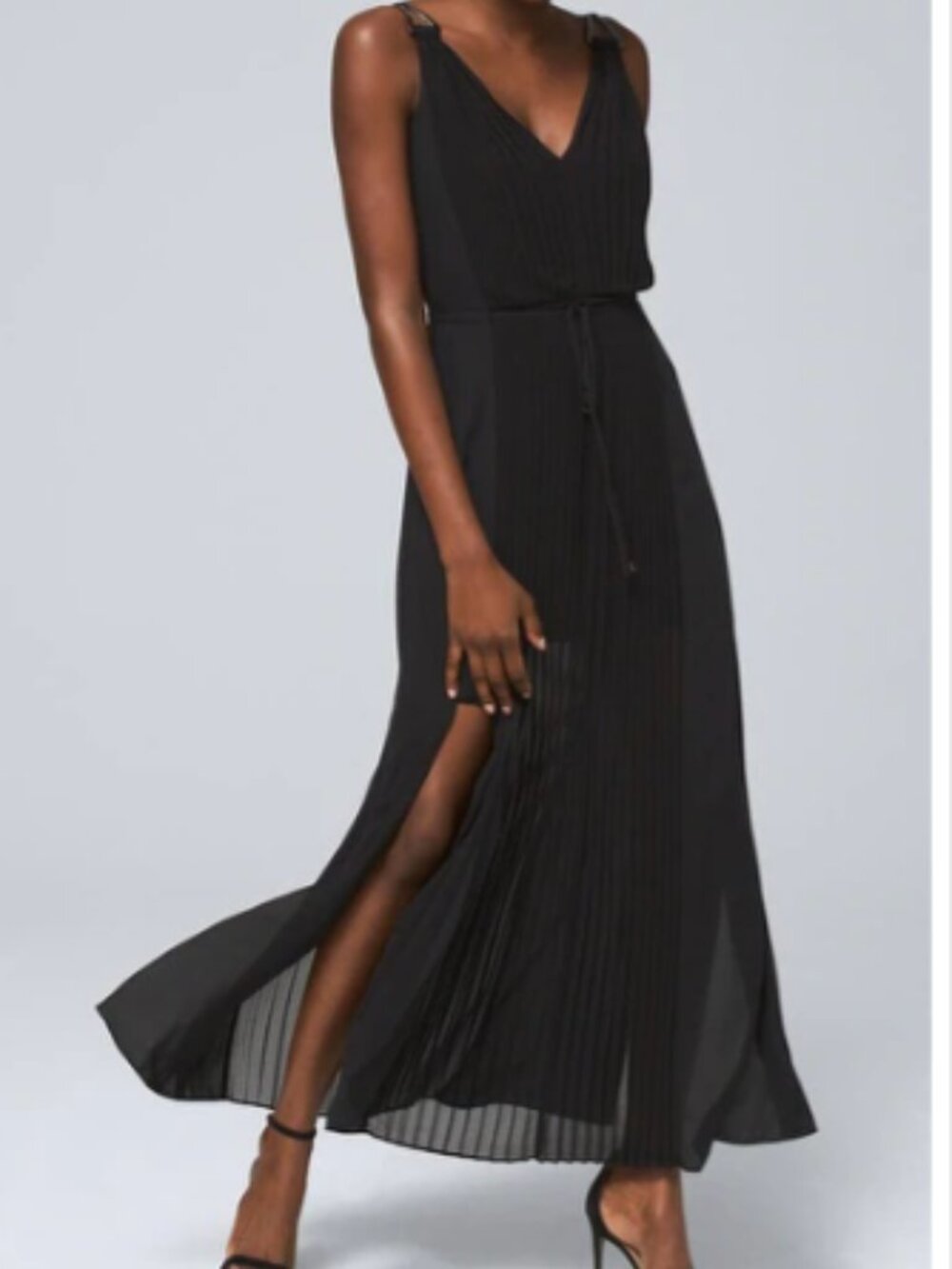 White House Black Market Iconic Black Pleated Maxi Dress Size 10